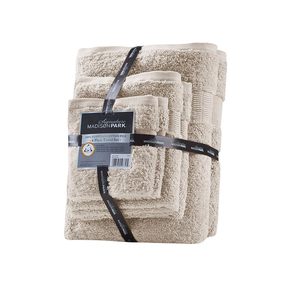 JLA Home Madison Park Signature - 100% Egyptian Cotton Luxe 6-Piece Towel Set — 650 GSM Spa-Soft, Highly Absorbent, OEKO-TEX Gold Certified Sand MPS73-426