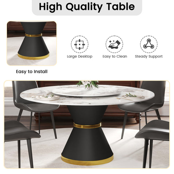 English Elm 59.05"Modern 59.05" Modern Round Dining Table With White Sintered Stone Top & Black Steel Base - Seats 6-8! W1535S00439