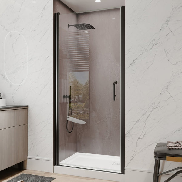 English Elm 34-36 in Frameless Pivot Shower Door Clear Glass Matte Black Hardware Reversible Swing W63777032