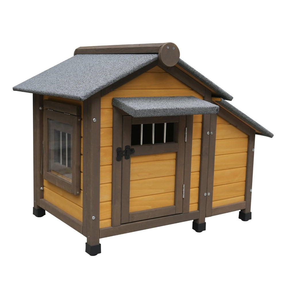 English Elm 45 Inch Solid Wood Outdoor Dog House with Elevated Floor and Waterproof Insulated Roof W1431P388168
