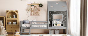 English Elm Full Bunk Bed with Trundle Bookshelf Storage Pine Frame Car Design for Kids Gray W1580S00294
