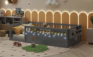 English Elm Twin Montessori Floor Bed Frame with High Rails and Built-In Light Shelf for Safe Independent Sleep Grey 79.13 L x 13 W x 6.3 H W2593P333797