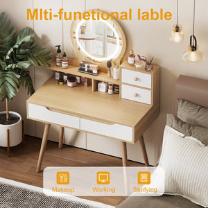 English Elm Makeup Vanity Desk with LED 3-Mode Lighted Mirror, Solid Wood Feet, 4 Drawers & Shelves, Oak Finish W509P238991