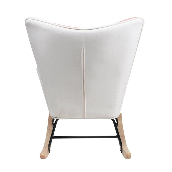 English Elm Rocking Chair With Ottoman - Mid-Century Patchwork Linen, Cozy Wood Legs For Living Room, Bedroom Use W561P175989-GIGA