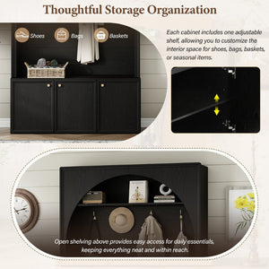 English Elm On-trend Farmhouse Hall Tree Arched Cabinet Storage Bench with Golden Hooks Mudroom Black N721S000080B