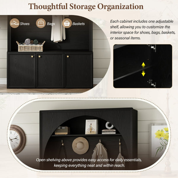 English Elm On-trend Farmhouse Hall Tree Arched Cabinet Storage Bench with Golden Hooks Mudroom Black N721S000080B