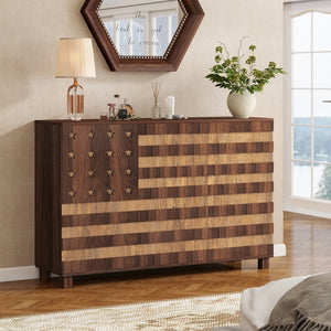English Elm 55" Walnut Buffet Sideboard Cabinet with Hand-Carved Detail, 2 Drawers, 3 Doors, Adjustable Shelves, Anti-Tip Safety W2977P294024