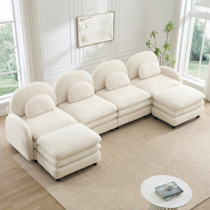 English Elm Teddy Fleece Curved Modular Sectional Sofa with Movable Ottomans for Cozy Living Rooms Beige White W5656S00089