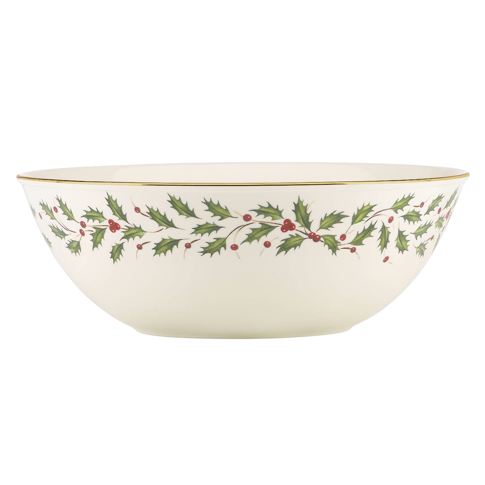 Lenox Holiday Ivory Porcelain Serving Bowl with 24 Karat Gold Rim and Holly Berry Motif 830141