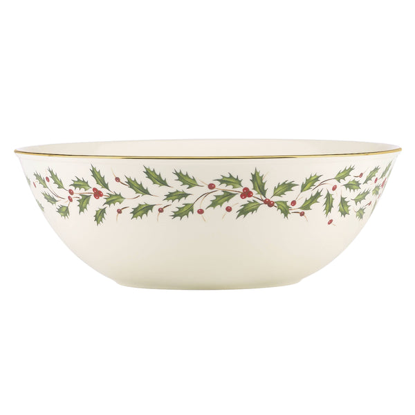 Lenox Holiday Ivory Porcelain Serving Bowl with 24 Karat Gold Rim and Holly Berry Motif 830141