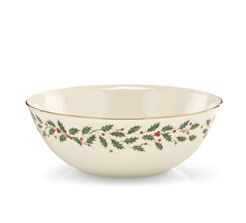 Lenox Holiday Ivory Porcelain Serving Bowl with 24 Karat Gold Rim and Holly Berry Motif 830141