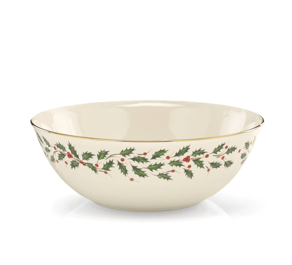 Lenox Holiday Ivory Porcelain Serving Bowl with 24 Karat Gold Rim and Holly Berry Motif 830141