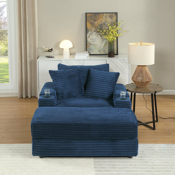 English Elm sofa Oversized Corduroy Deep-Seat Chaise with Ottoman and Lumbar Support — Plush, Sturdy Comfort Blue W1420S00013