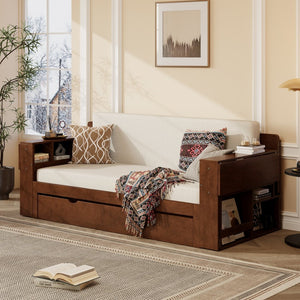 English Elm Queen Daybed with Hydraulic Desk Storage Drawers and Convertible Sofa for Small Spaces Espresso LT000272AAP