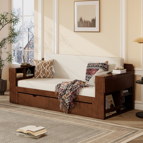 English Elm Queen Daybed with Hydraulic Desk Storage Drawers and Convertible Sofa for Small Spaces Espresso LT000272AAP