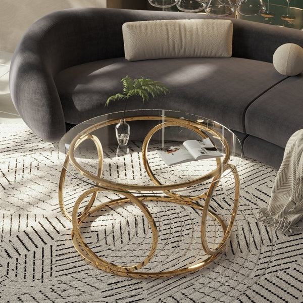 English Elm 31.50'' Round Chrome Ring Glass Coffee Table Two Tier Smoked Tempered Top Modern Living Room W757P412798