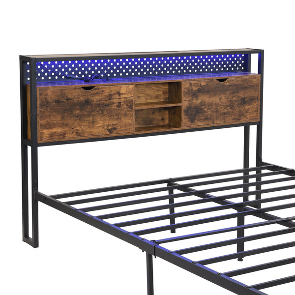English Elm Full Size Metal Platform Bed with Wooden Headboard, LED Lights, USB Charging, 2 Drawers, 600 lb Capacity W2297P236951