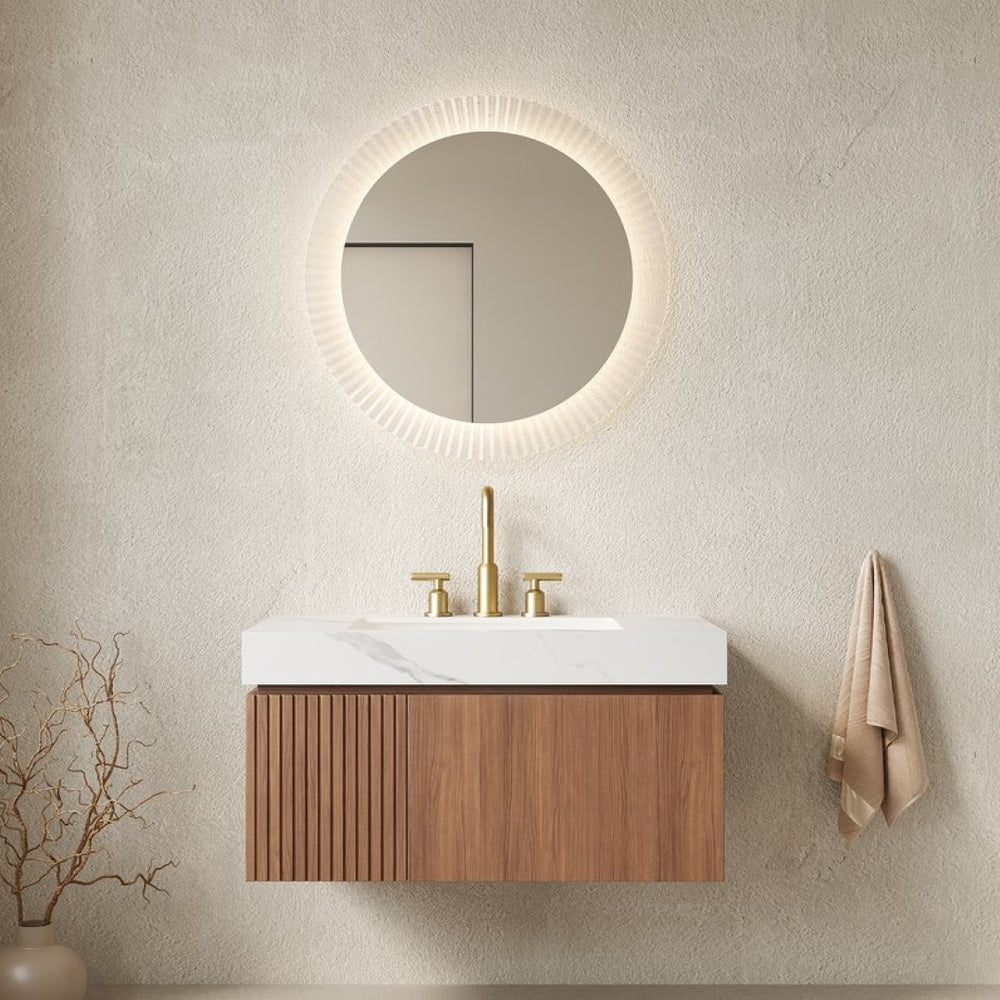 English Elm Muri Floating Bathroom Vanity Sintered Stone Top Oak Plywood Cabinet Soft Close W2615S00629