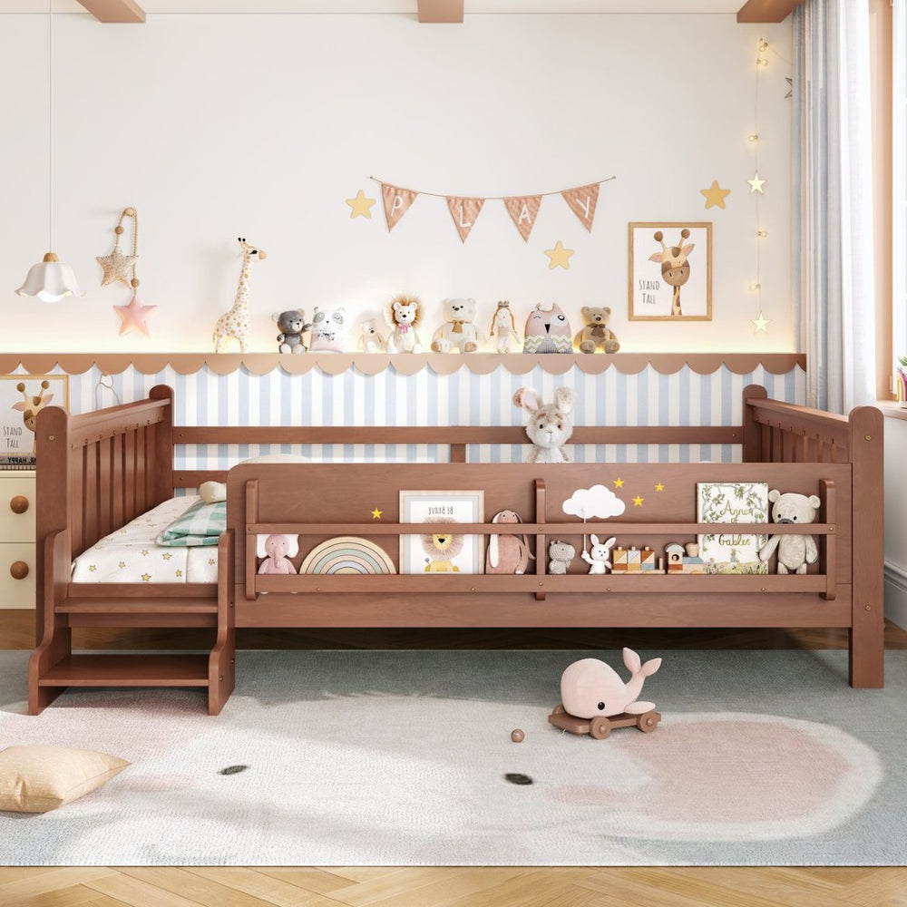 English Elm Queen Bunk Bed with Trundle Solid Pine Kids Car Themed Frame Built-in Bookshelf Natural W1580S00537