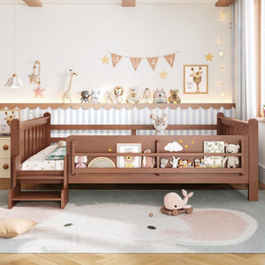 English Elm Queen Bunk Bed with Trundle Solid Pine Kids Car Themed Frame Built-in Bookshelf Natural W1580S00537