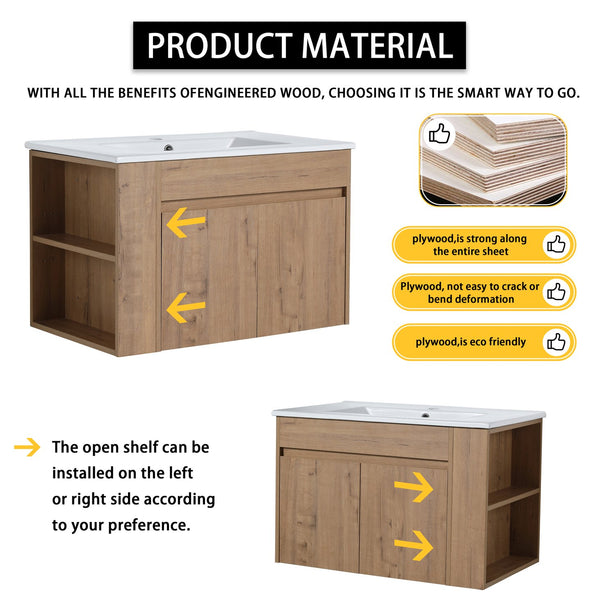 English Elm 30" Wall-Mounted Bathroom Vanity With Ceramic Sink, Soft-Close Doors & Versatile Storage Rack W999S00342