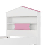 English Elm Twin Size House-Shaped Wooden Bed With Storage Shelf On The Headboard, Built-In Two Storage Drawers, Pink