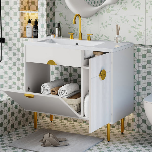 English Elm 36" Modern Bathroom Vanity with Resin Basin Sink, Soft-Closing Doors, Drop-Down Cabinet & Storage Elegance N710P265934K