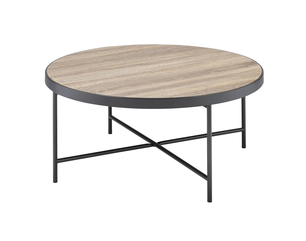 English Elm Bage Weathered Gray Oak Round Coffee Table with Metal Trim & X-Leg Support — Industrial Chic B2726P281462