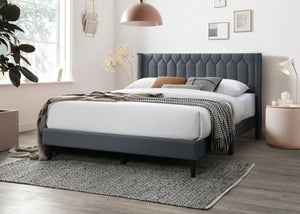 English Elm Modern Burlap Platform Bed Queen with Geometric Diamond Tufted Headboard, Sleek No-Box Spring Design Charcoal 66 L x 23 W x 9 H B011P238958