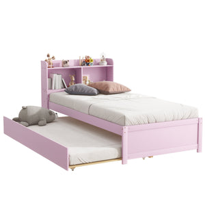 English Elm Twin Pink Trundle Bed with Bookcase Headboard — Space-Saving Twin Bed for Small Rooms, Storage Friendly W504P317860