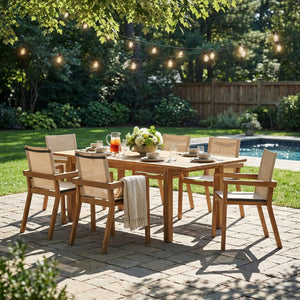 English Elm 7 Piece Solid Acacia Wood Outdoor Dining Set Extendable Table Six Mesh Armchairs N762S000003AAA