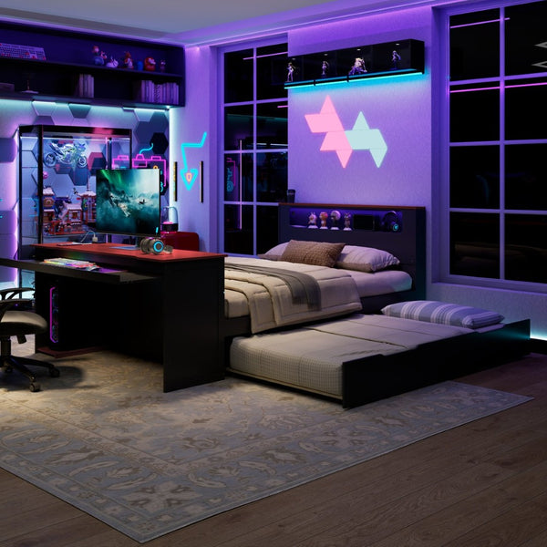 English Elm Full Size Wood Platform Daybed with Trundle Desk Rgb Led Lighting Gaming Bedroom Black+Red LT000284AAR