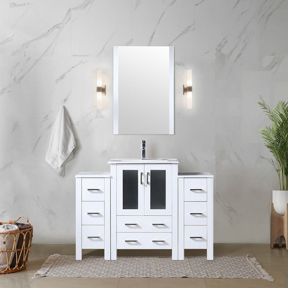 English Elm White Single Bath Vanity 48 in with Side Cabinet, White Ceramic Top, Soft-Close Drawers, Mirror Included B2731S00951