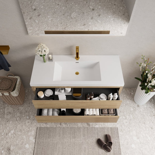 English Elm 48'' Floating Oak Fluted Bathroom Vanity Wall Mounted with Stone Resin Basin Soft Close W1920P385578