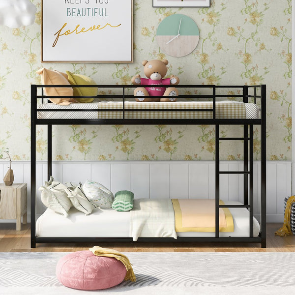 English Elm Twin Over Twin Metal Bunk Bed Low Profile with Full Guardrail Ladder Quiet Steel Frame Sturdy Support Black MF285535AAB