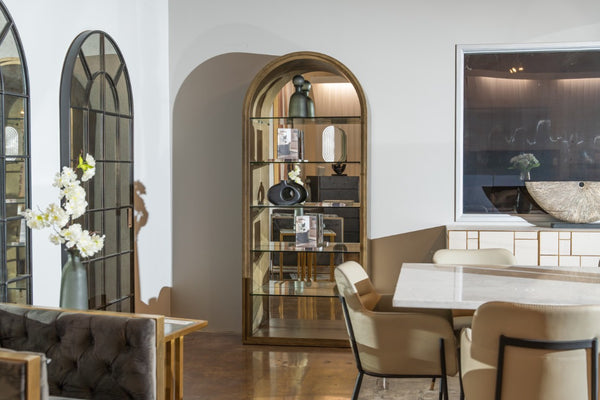 VIG Furniture Poise Modern Antique Brass & Mirrored Bookcase For Living Room — Glass Shelves, Reflective Depth, 82.7" Tall VGFA-SA2816