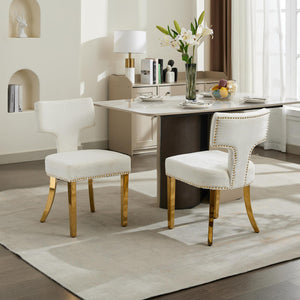 English Elm Mid Mid Century Modern Dining Chair Set with Curved Copper-Nail Backrest, High-Density Foam Seat, Brushed Stainless Legs Beige W1143P314902