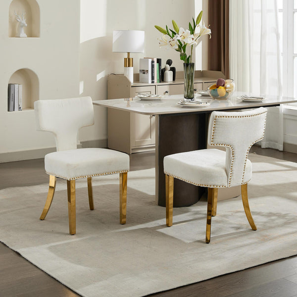 English Elm Mid Century Modern Dining Chairs with Copper Nail Trim, Plush High-Density Foam Seats, Brushed Steel Legs Beige W1143P314902