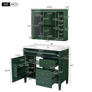 English Elm 36'' Modern Bathroom Vanity With Resin Sink, Mirror Cabinet, Soft-Close Drawers & 6 Shelves N710S236006F