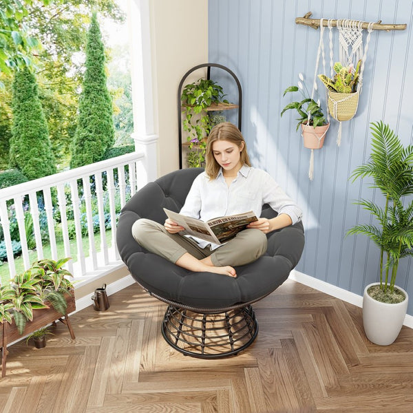 English Elm Comfortable Rattan Papasan Swivel Chair Overstuffed Cushion Bohemian Lounge Seating W640P443551