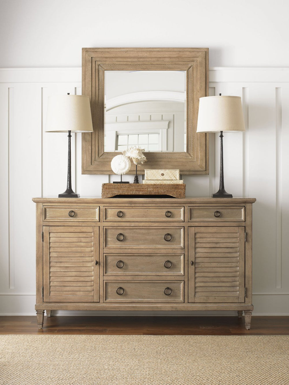 Lexington Spyglass Mirror - Elegant Transitional Design With Grey Elm Veneer And Woven Rattan Frame Beauty Cambria  830-204