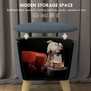 English Elm HOMCOM Round Storage Ottoman Stool with Cushioned Linen Top, Oak Legs, Hidden Interior for Clutter-Free Living Room Seating Gray W2225P173822