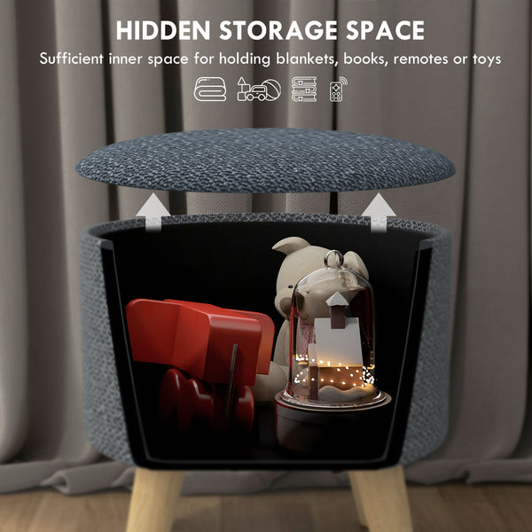 English Elm HOMCOM Round Storage Ottoman Stool with Cushioned Linen Top, Oak Legs, Hidden Interior for Clutter-Free Living Room Seating Gray W2225P173822