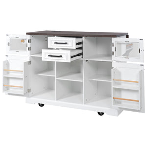 English Elm K&K 54.9" Farmhouse Kitchen Island Cart with Drop Leaf, Charging Station, Barn Doors & Glass Pane White N707P300277W