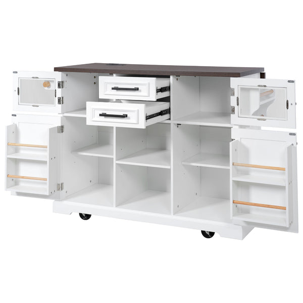 English Elm K&K 54.9" Farmhouse Kitchen Island Cart with Drop Leaf, Charging Station, Barn Doors & Glass Pane White N707P300277W