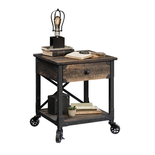 English Elm Side Table With Rolling Casters - Brown Industrial Finish, Spacious Top & Smart Storage Solution B356P367951-GIGA