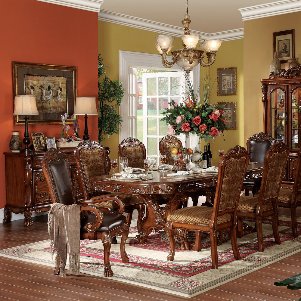 English Elm Beige Padded Side Chair Set of 2 — Checkered Seat & Floral Back, Scalloped Apron, Cherry Oak Finish B062P209244