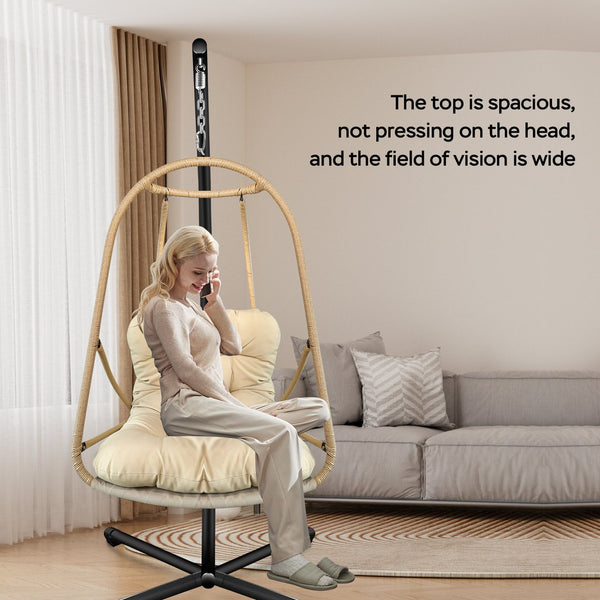 English Elm Swing Egg Chair with Stand - Foldable Rattan Hanging Basket Seat, Cushioned Comfort, Cup Holder Beige+Brown W2707P388617
