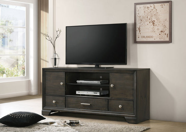 English Elm Contemporary Maidstone TV Console with Sintered Stone Top, Silver-Capped Arrow Legs, Open Storage Brown 19.5 L x 71 W x 32.5 H B2741P406261