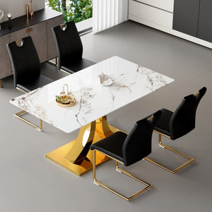 English Elm Marble-Patterned Foldable Dining Table With 4 Black U-Shaped Armchairs - Modern, Space-Saving Set W2920S00087